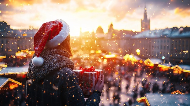 Mujer con un sombrero festivo sosteniendo un regalo durante un mercado navideño de vacaciones al atardecer