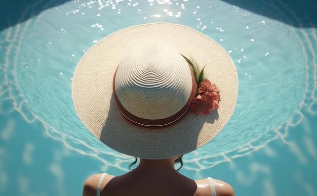 Una mujer con un sombrero con una flor está parada en una piscina. IA generado