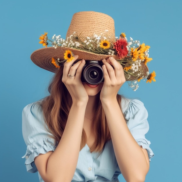 Una mujer con un sombrero con una flor está tomando una foto con una cámara.