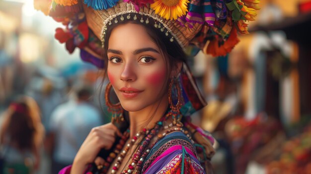 una mujer con un sombrero de flor y un tocado colorido