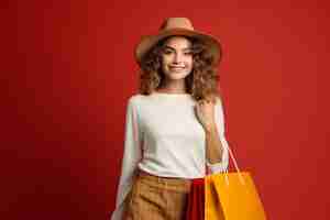 Foto una mujer con un sombrero con un fondo rojo que dice que es una marca de moda