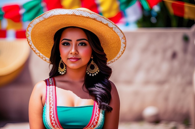 Una mujer con sombrero se para frente a una colorida pancarta que dice la fiesta.