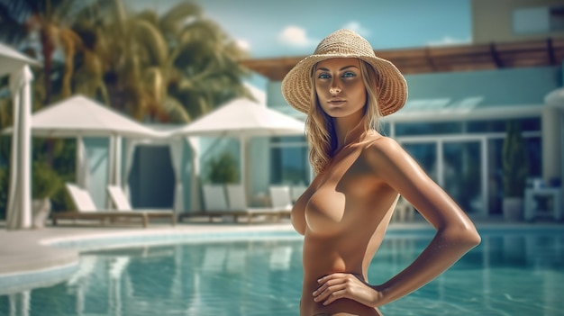 Una mujer con sombrero se para frente a una piscina con una palmera al fondo.