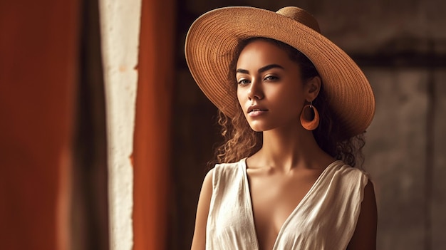 Una mujer con sombrero se para frente a una ventana.