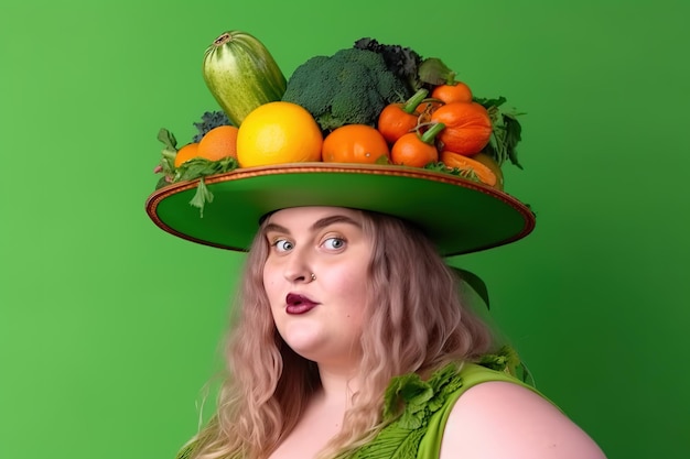 Una mujer un sombrero con frutas. Foto Premium