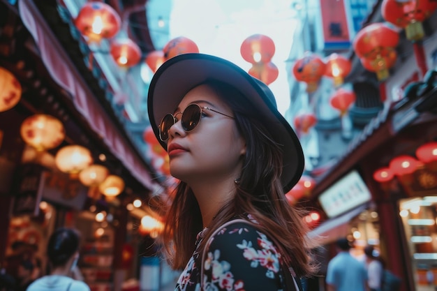 Mujer con sombrero y gafas de sol en la calle de Chinatown IA generativa