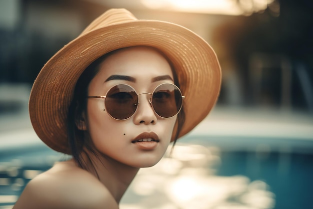 Una mujer con sombrero y gafas de sol se encuentra junto a una piscina.