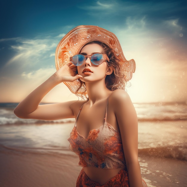 Una mujer con sombrero y gafas de sol se encuentra en una playa.