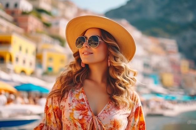Una mujer con sombrero y gafas de sol está de pie en la playa.