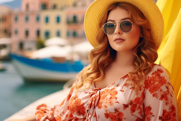 Una mujer con sombrero y gafas de sol está sentada en un muelle.