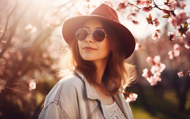 Una mujer con sombrero y gafas de sol se para frente a un cerezo en flor.