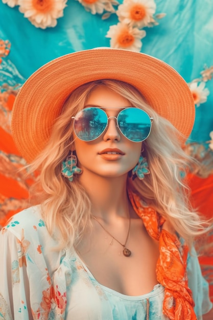 Una mujer con sombrero y gafas de sol se para frente a un fondo colorido.