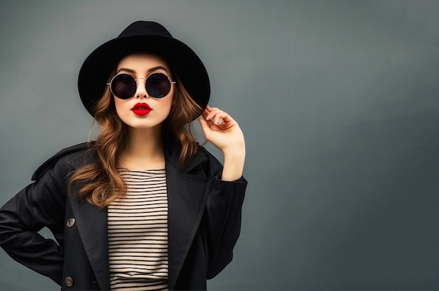 Una mujer con sombrero y gafas de sol se para frente a un fondo gris.