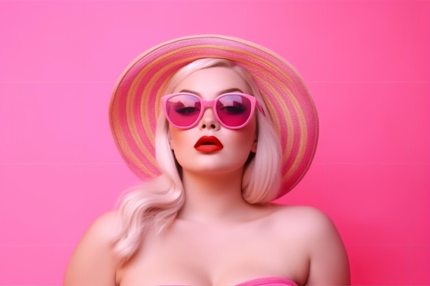 Una mujer con sombrero y gafas de sol se para frente a un fondo rosa.