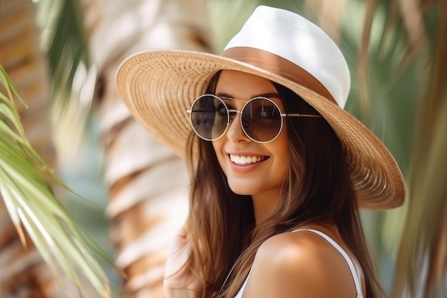 Una mujer con sombrero y gafas de sol se para frente a una palmera.