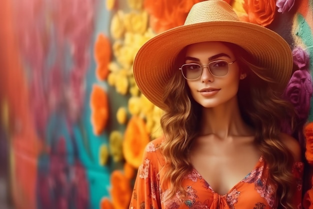 Una mujer con sombrero y gafas de sol se para frente a una pared colorida con flores.