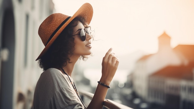 Una mujer con sombrero y gafas de sol mira un tren.