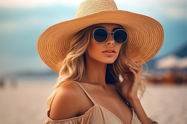 una mujer con un sombrero y gafas de sol en la playa