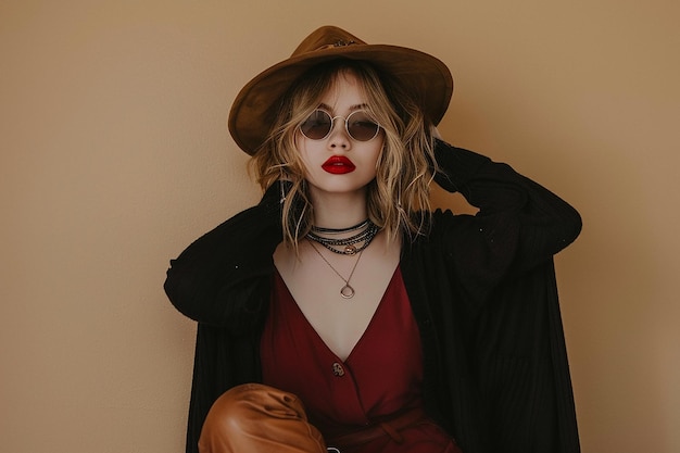 Foto una mujer con sombrero y gafas de sol está posando para una foto