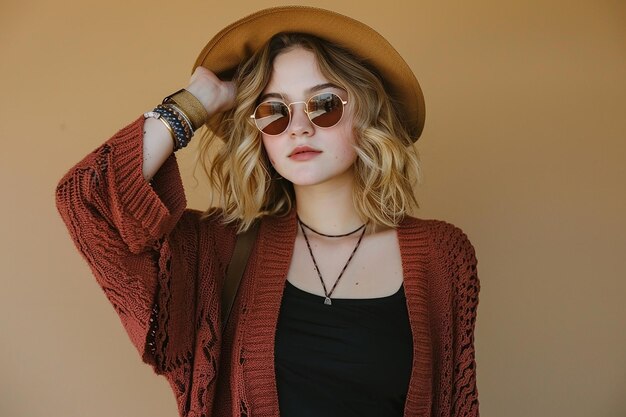 Foto una mujer con sombrero y gafas de sol está posando para una foto