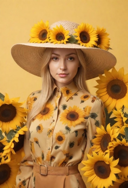 una mujer con un sombrero de girasol con una camisa amarilla y un sombrerío