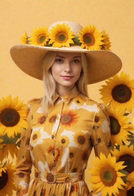 una mujer con un sombrero de girasol con una camisa amarilla y un sombrerío