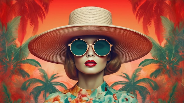 Una mujer con sombrero y un gran sombrero para el sol se para frente a las palmeras.