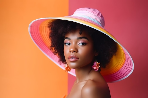 Una mujer con un sombrero grande con un fondo de color arcoíris.