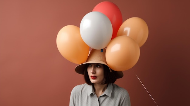 Una mujer con un sombrero hecho de globos.