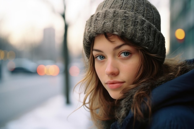 una mujer con un sombrero de invierno y un abrigo mirando a la cámara