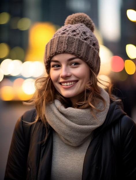 una mujer con sombrero de invierno y bufanda está sonriendo