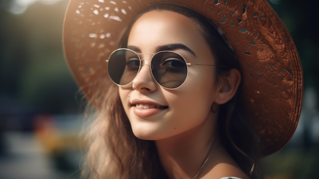 una mujer con un sombrero marrón y gafas de sol