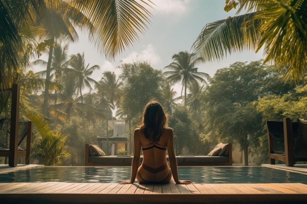 Una mujer con un sombrero mirando el agua de un hotel de la laguna y una piscina