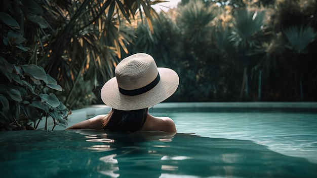 Una mujer con sombrero nada en una piscina con palmeras al fondo.