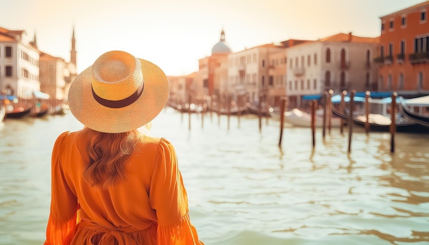 mujer con sombrero naranja al sol en Venecia