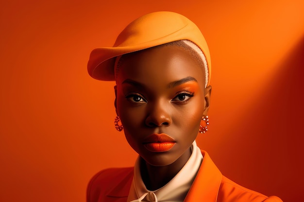 Una mujer con un sombrero naranja brillante y una chaqueta naranja.