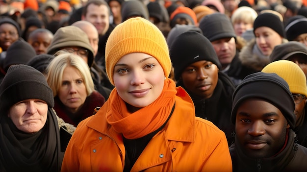 Foto una mujer con un sombrero naranja de pie frente a una multitud de personas