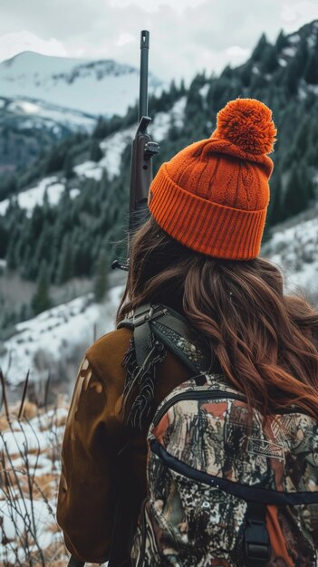 Una mujer con un sombrero naranja y un rifle está de pie en un bosque nevado