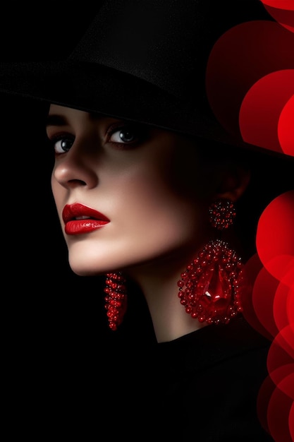 Una mujer con sombrero negro y aretes rojos.