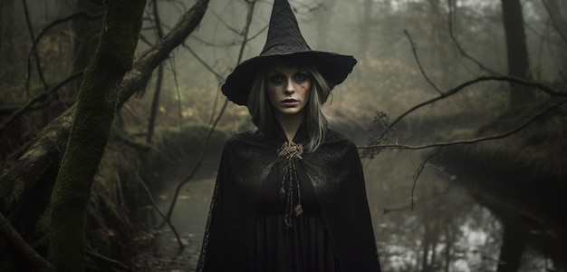 Una mujer con un sombrero negro se para en un bosque.