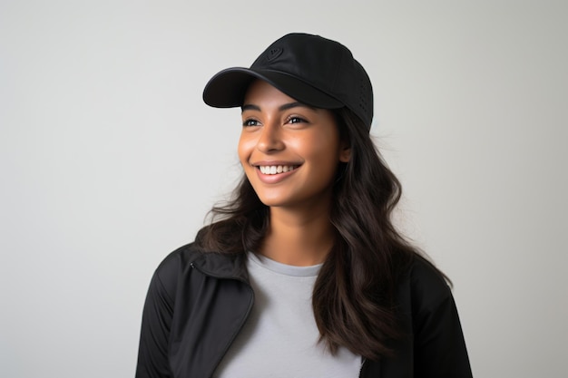 una mujer con un sombrero negro y una camisa gris