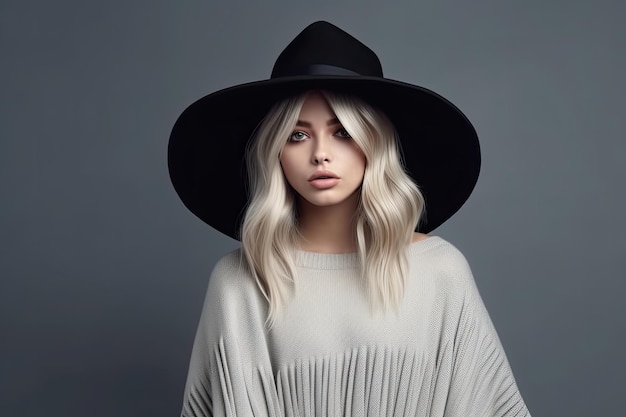 Una mujer con un sombrero negro se para frente a un fondo gris.