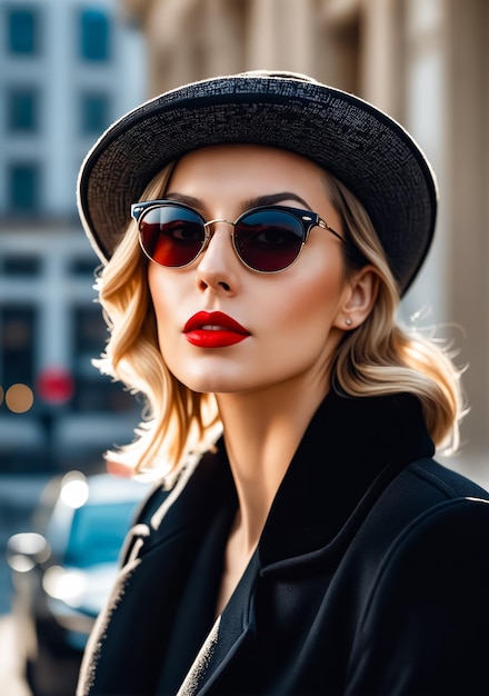 Una mujer con un sombrero negro y gafas de sol está de pie frente a un coche