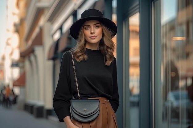 Una mujer con un sombrero negro y un sombrero negro se para frente a una tienda.