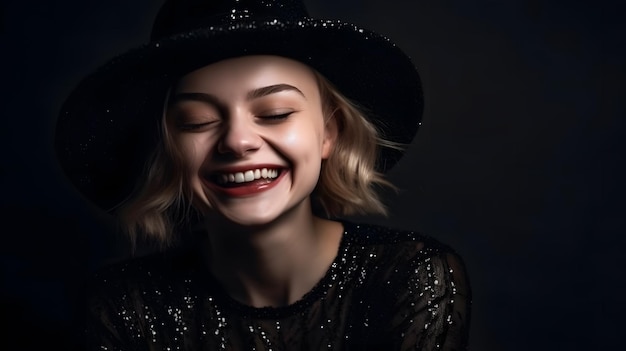 Una mujer con un sombrero negro sonríe y sonríe.