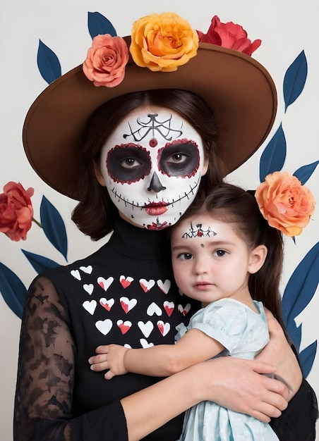 Foto una mujer con un sombrero y un niño con un sombreiro con flores en él