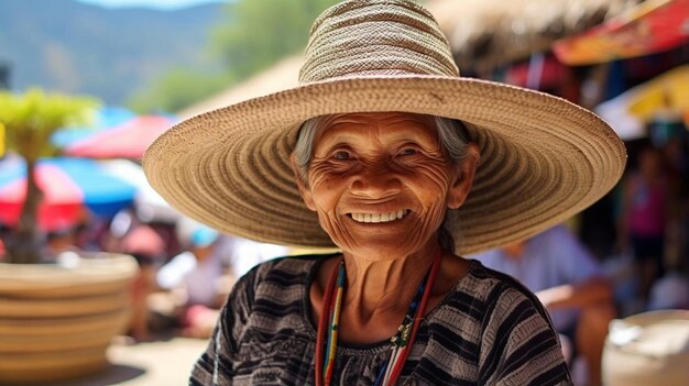 una mujer con un sombrero de paja con una cinta de colores alrededor de su cuello