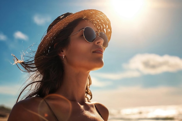 Mujer con sombrero de paja disfrutando del sol en la playa