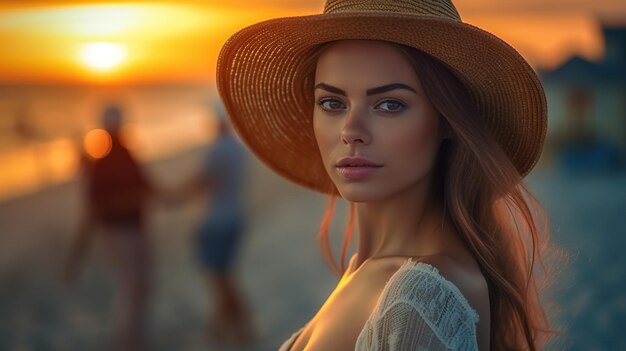 Foto una mujer con un sombrero de paja se encuentra en una playa con una puesta de sol al fondo