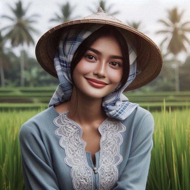 una mujer con un sombrero de paja está sentada en un campo de arroz